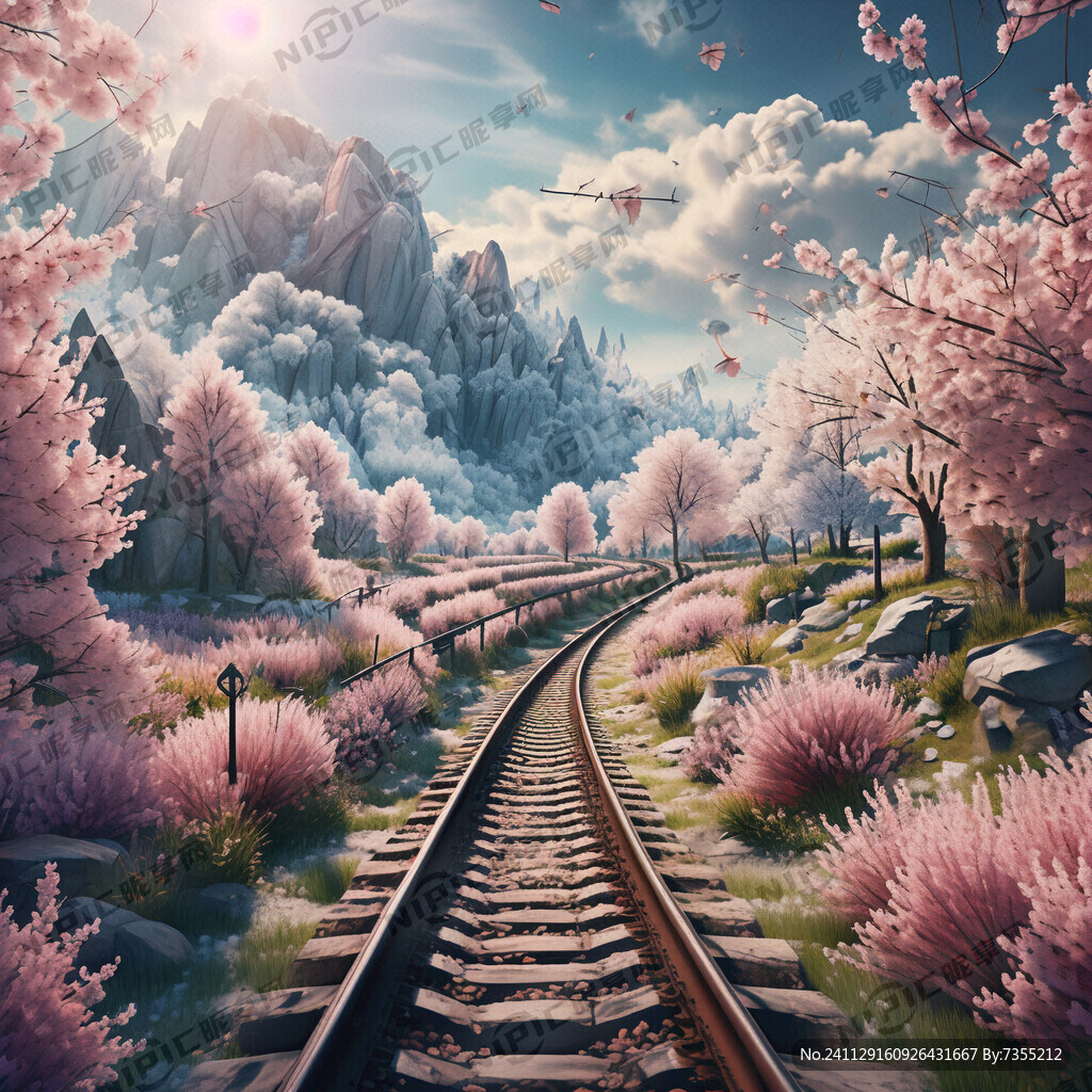 铁路、春天景色 梦幻