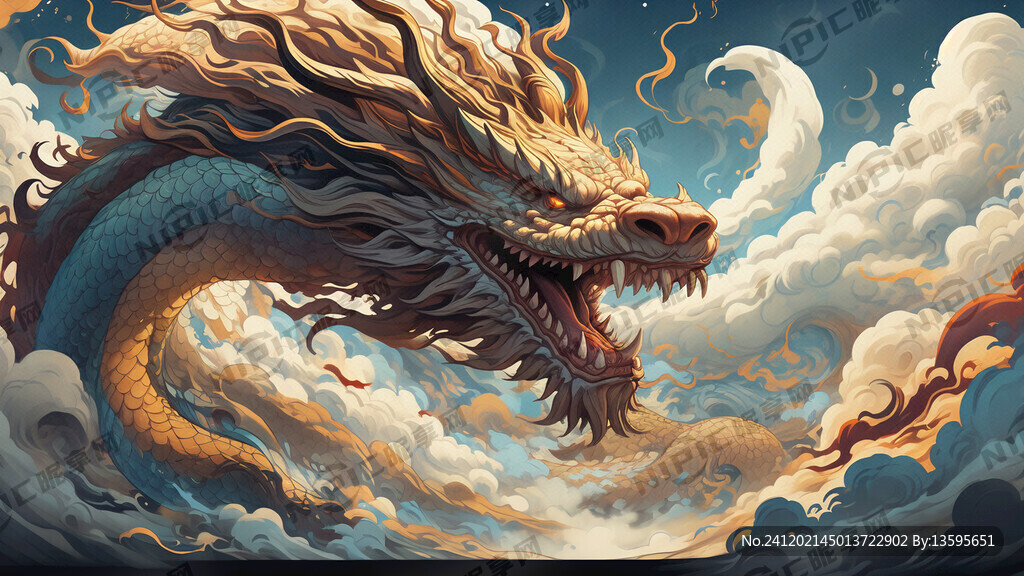 长龙 背景祥云 头尾横向长龙