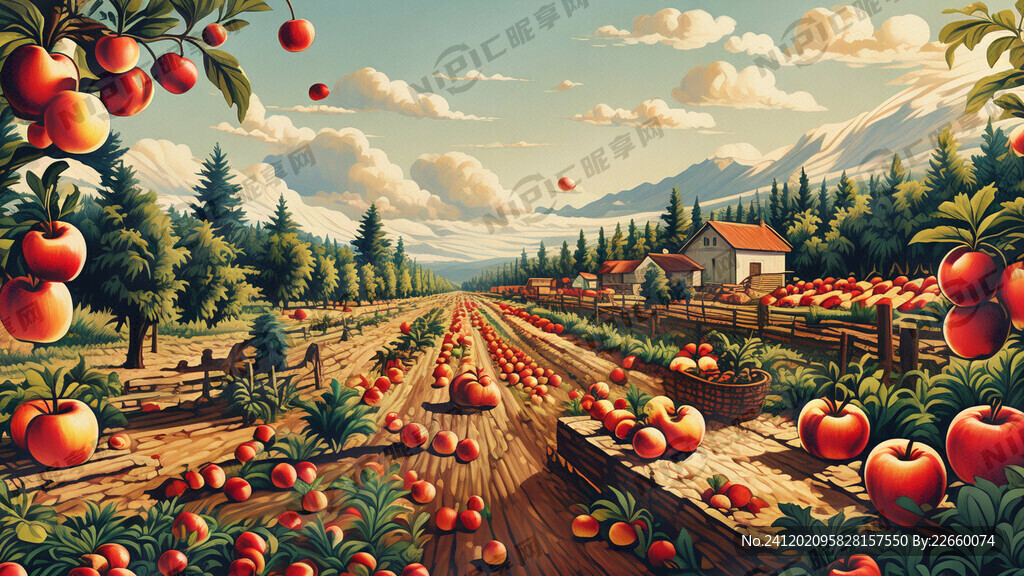 手绘苹果农业场景插画