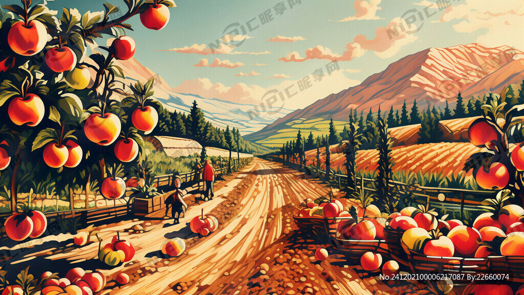 手绘苹果农业场景插画