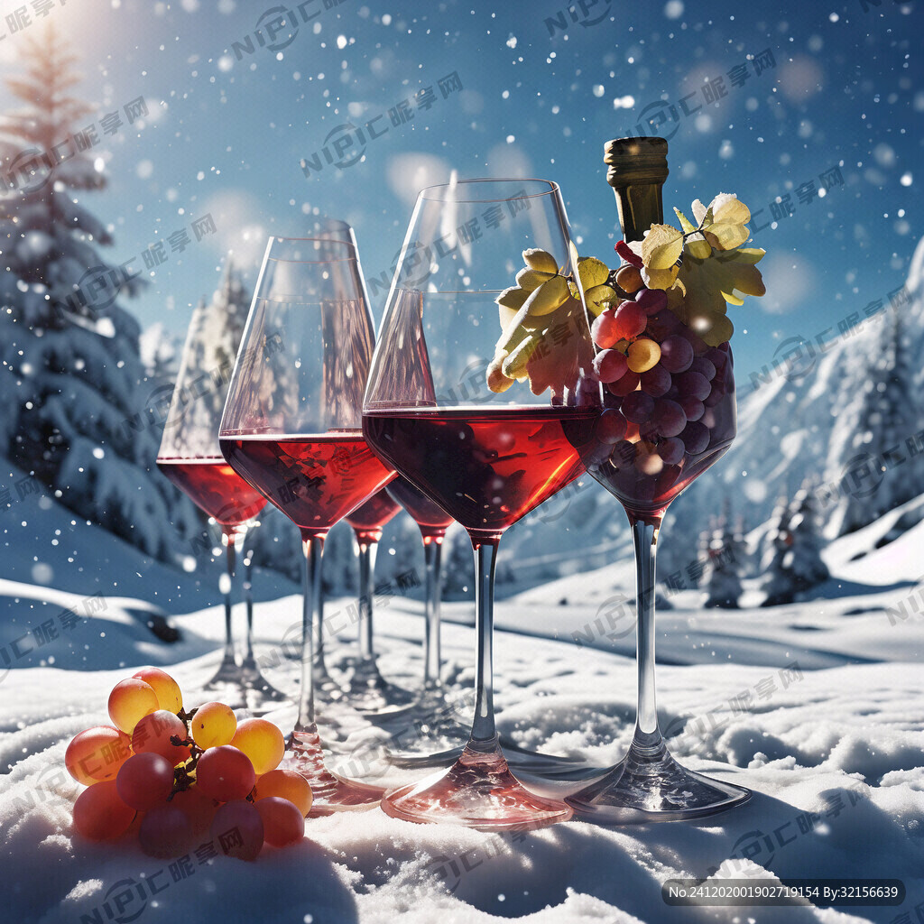 一串葡萄 酒瓶 酒杯 雪山背景