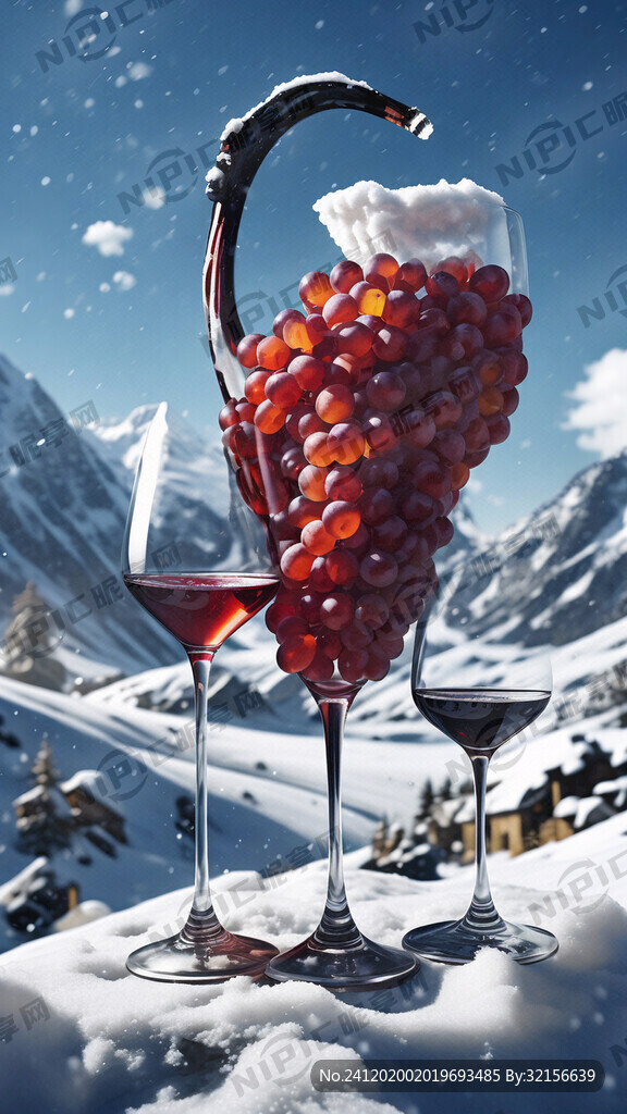 一串葡萄 酒瓶 酒杯 雪山背景