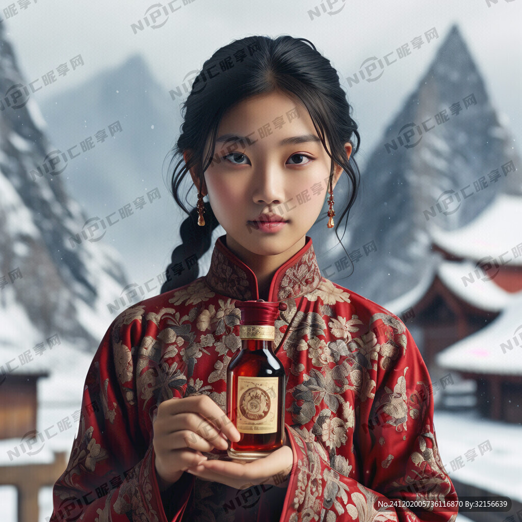 女孩手上拿一瓶酒 雪山背景