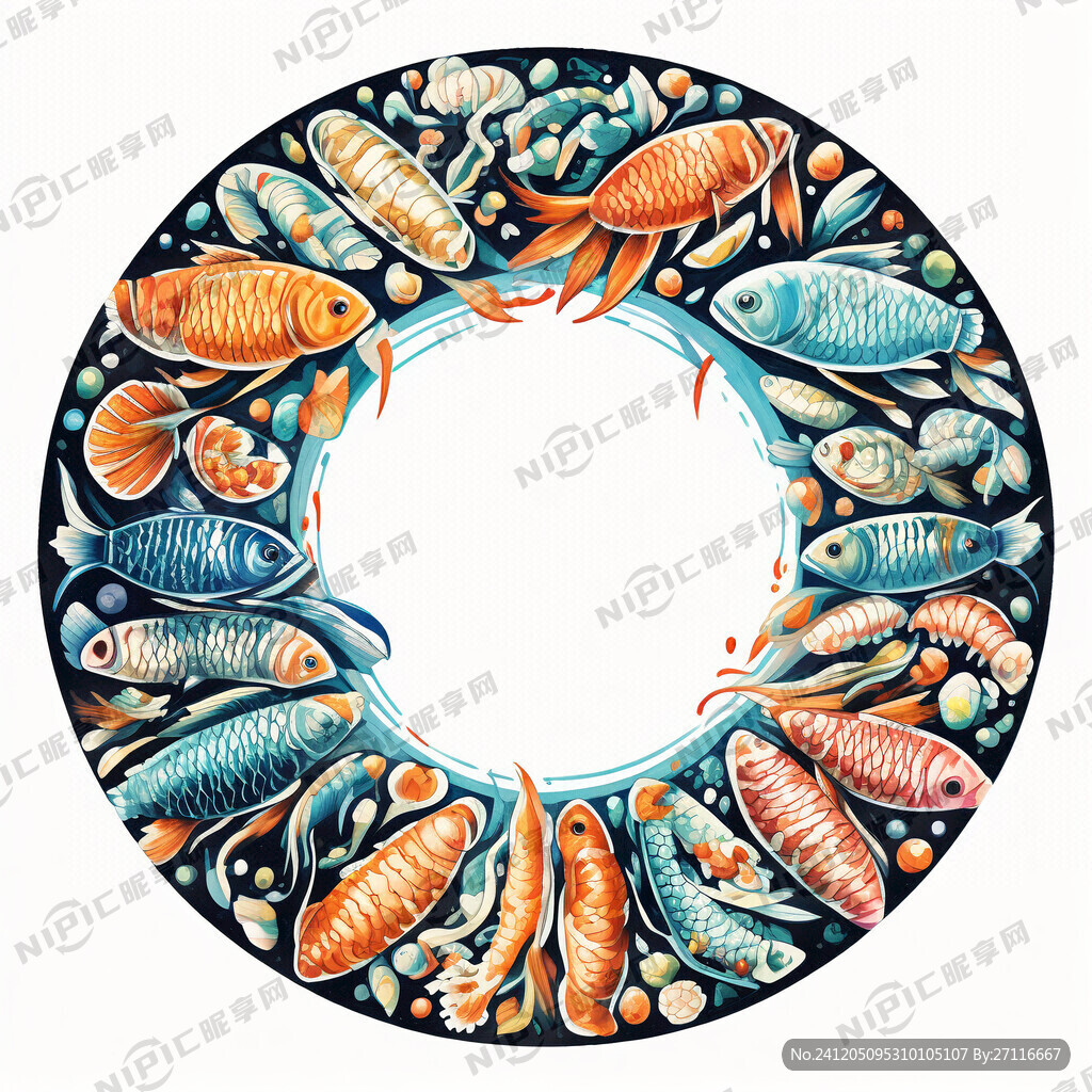 一圈彩绘鱼海鲜环绕