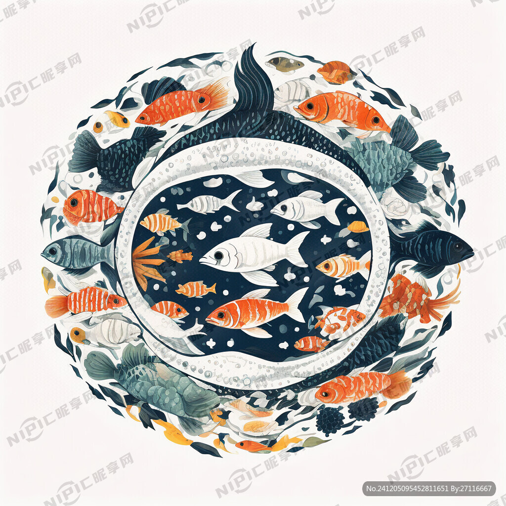 一圈彩绘鱼海鲜环绕