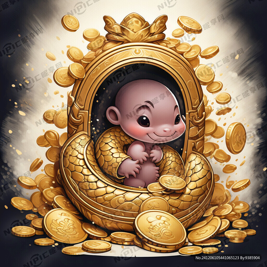 喜庆可爱蛇宝宝 背景中式大门前