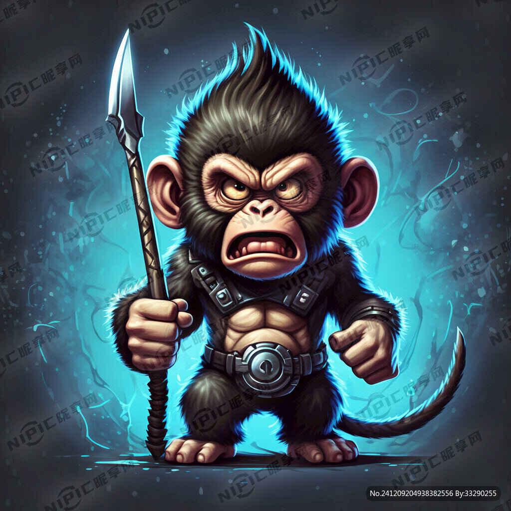 手拿三叉戟朋克赛博愤怒的猴子