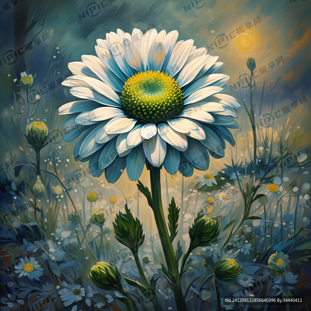 绿色花蕊、青色花瓣的雏菊