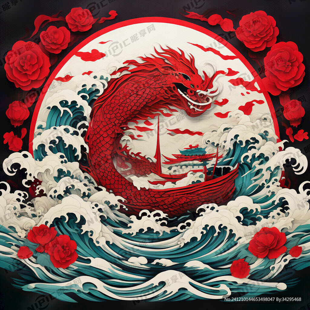 中国传统剪纸 红色 游艇 海浪