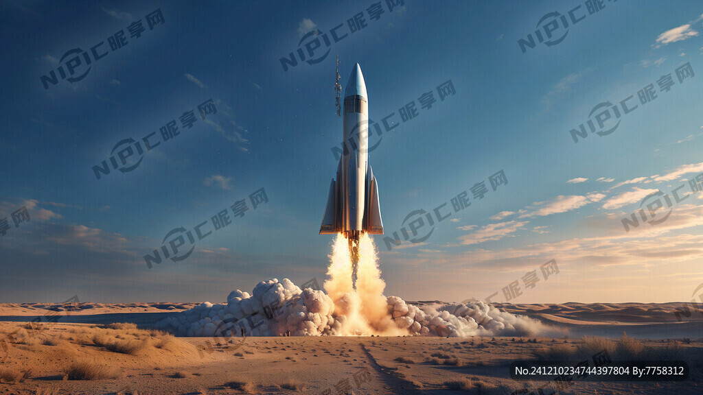 火箭带着火焰发出在半空中