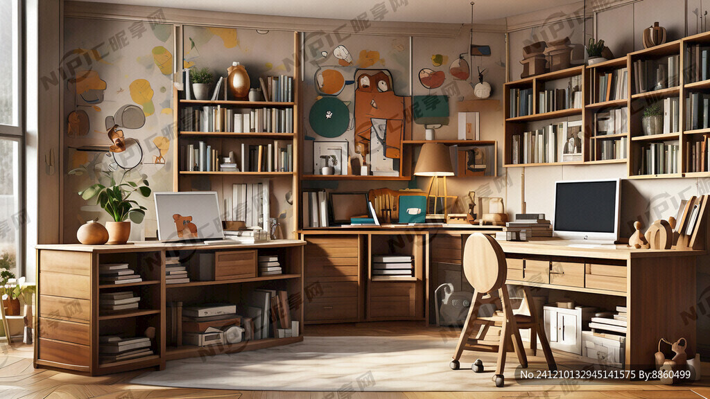 儿童书房 有一个书柜和学习桌