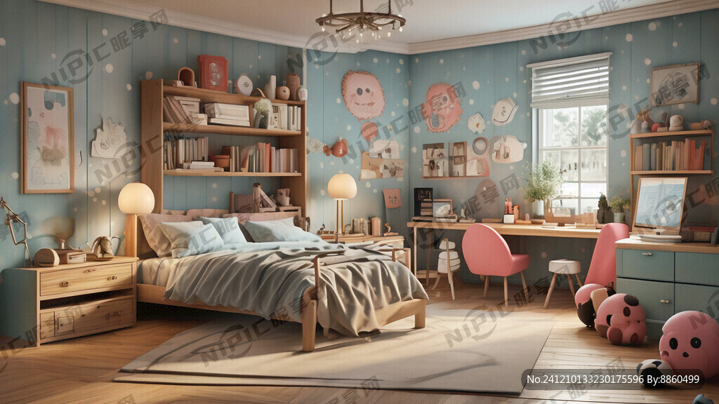儿童卧室 有床、书柜和学习桌