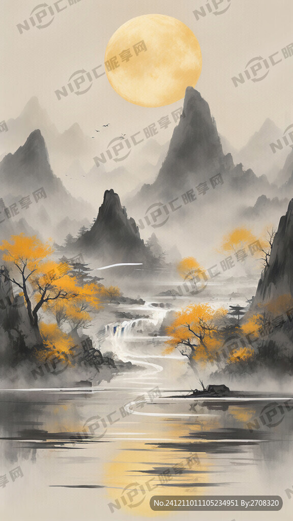 中国风鎏金水墨山水背景 灰色系