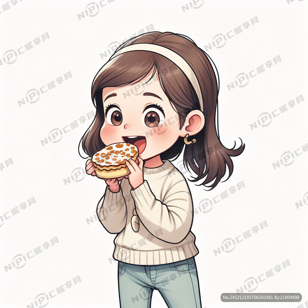 侧身站着的卡通小女孩手拿蛋挞正