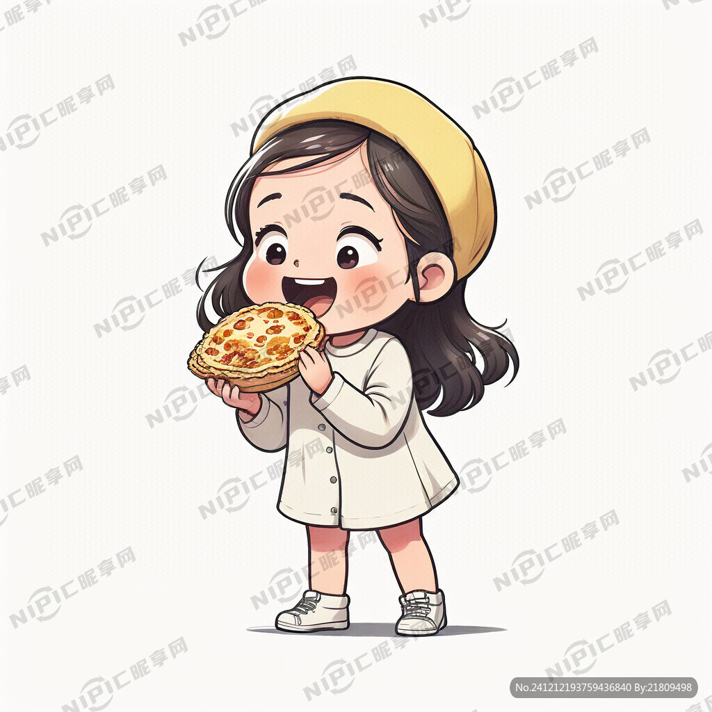 侧身站着的卡通小女孩手拿蛋挞正