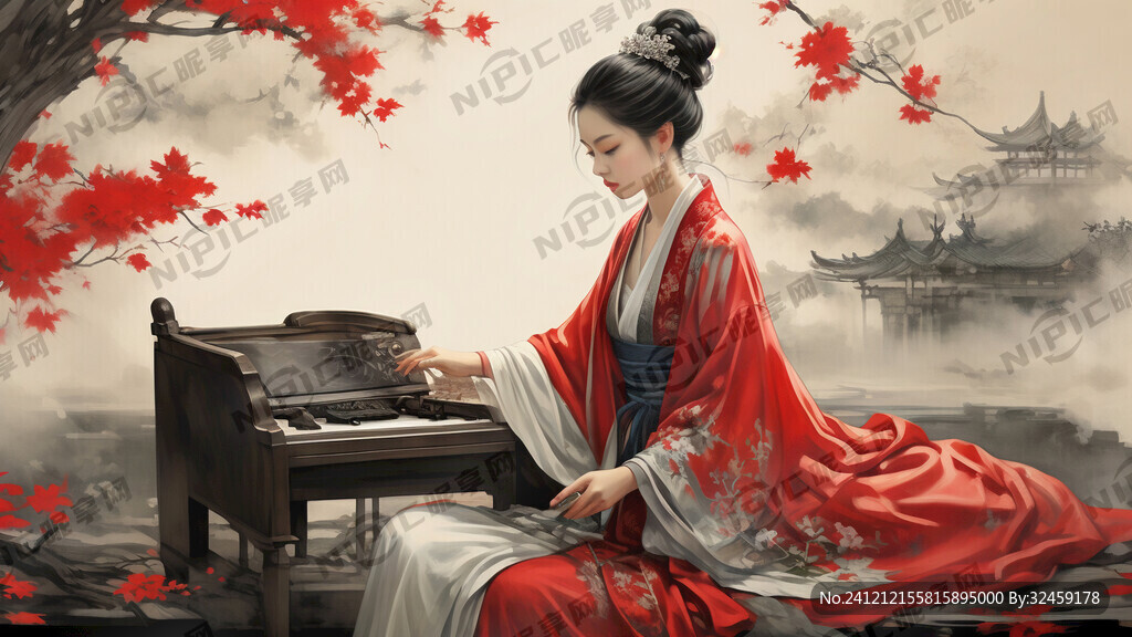 穿古风斗篷盘坐弹琴的女子