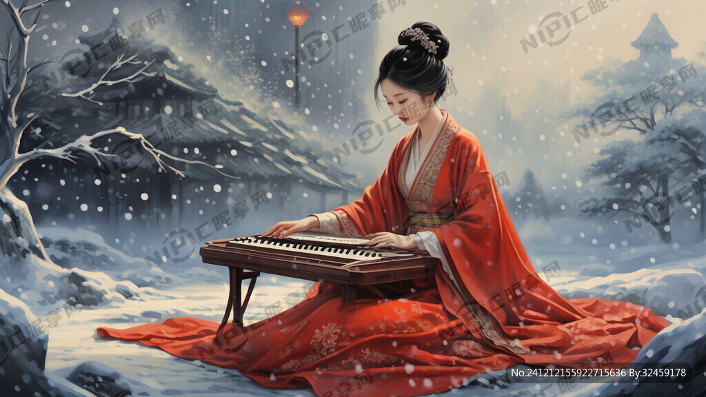 冬季穿古风斗篷盘坐弹古筝的女子