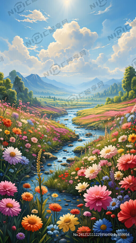 鲜花草地小河远山与蓝天白云交相