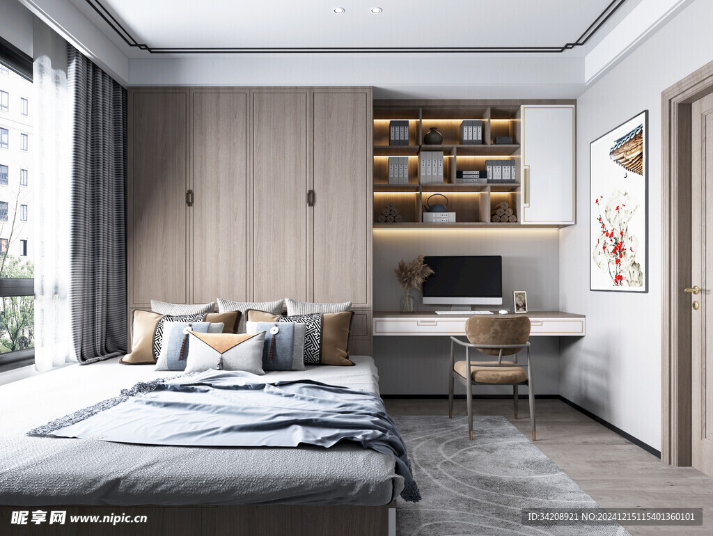 卧室小空间榻榻米书桌床现代装修