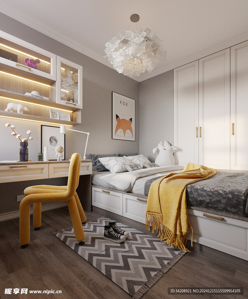 卧室小空间榻榻米书桌床现代装修