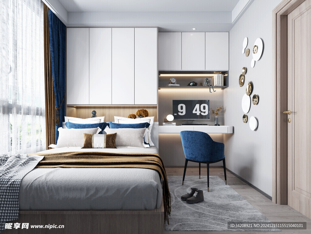 卧室小空间榻榻米书桌床现代装修