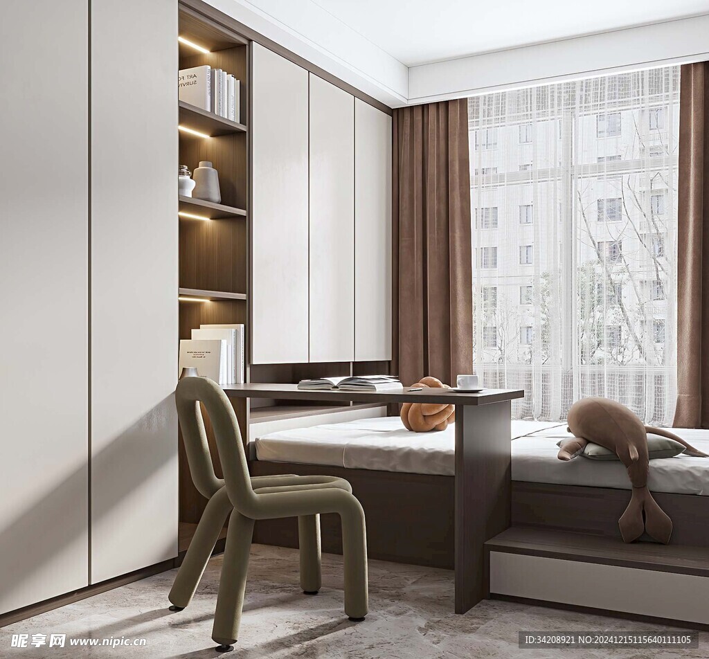 卧室小空间榻榻米书桌床现代装修