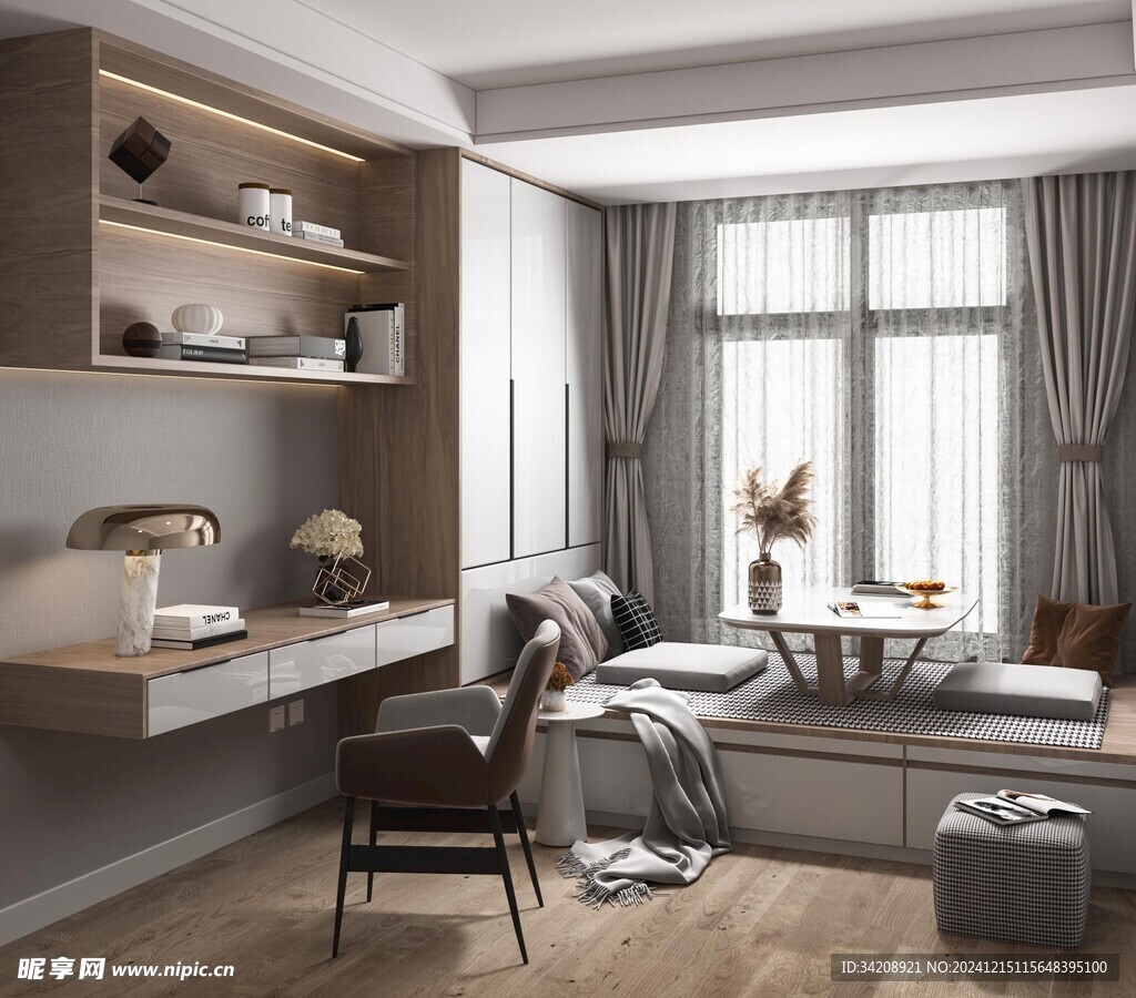 卧室小空间榻榻米书桌床现代装修