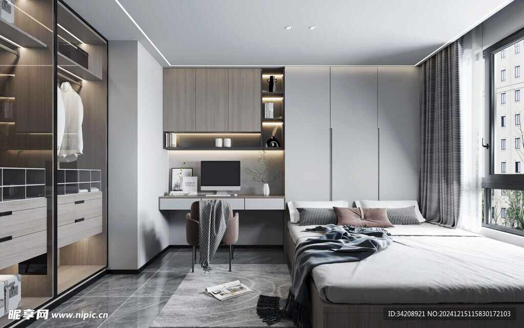 卧室小空间榻榻米书桌床现代装修