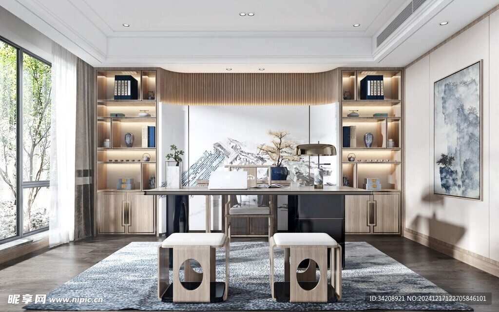 现代简约高级感新中式复古风书房