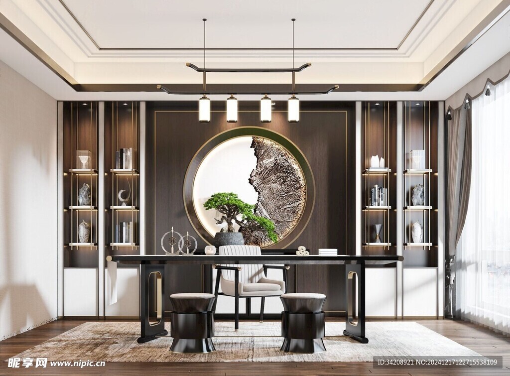 现代简约高级感新中式复古风书房