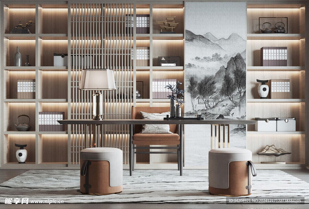 现代简约高级感新中式复古风书房