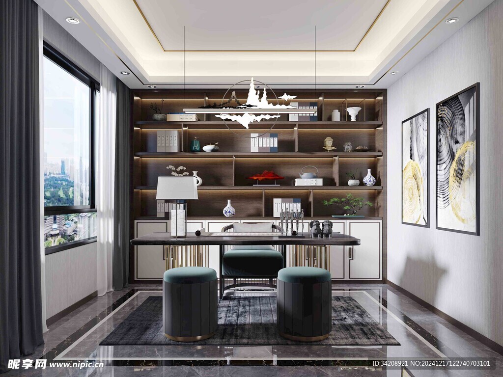 现代简约高级感新中式复古风书房