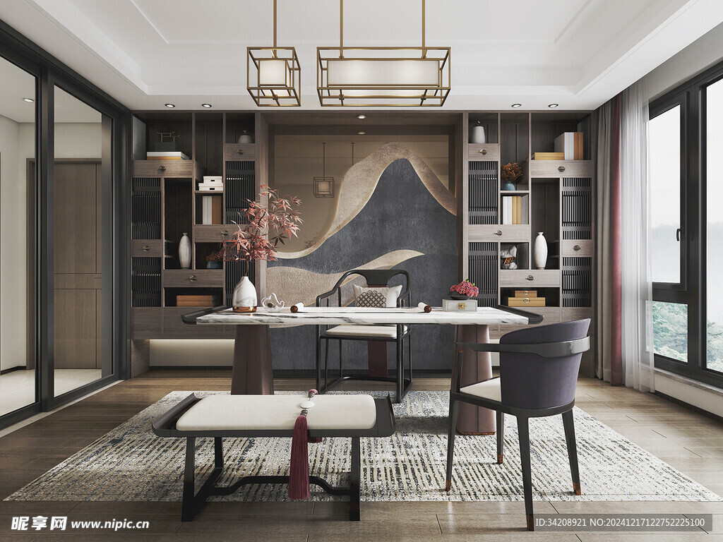 现代简约高级感新中式复古风书房