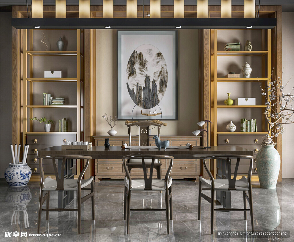 现代简约高级感新中式复古风书房