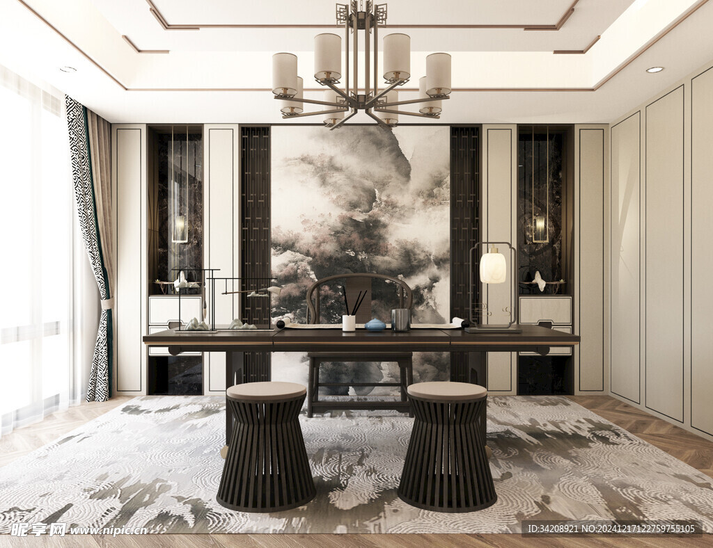 现代简约高级感新中式复古风书房