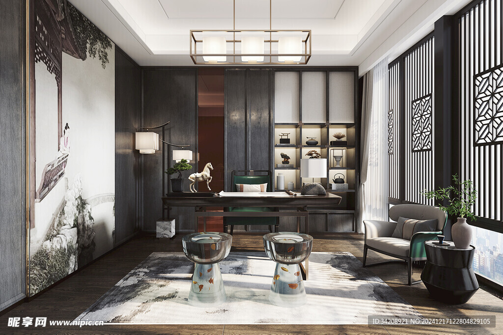 现代简约高级感新中式复古风书房