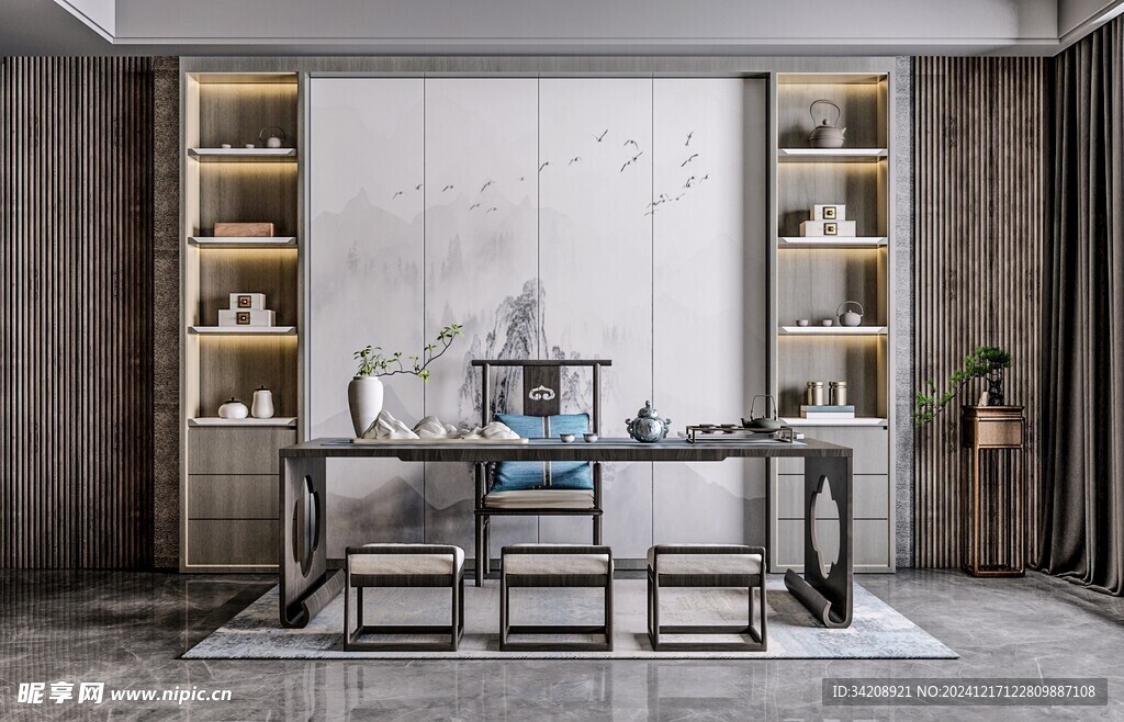 现代简约高级感新中式复古风书房