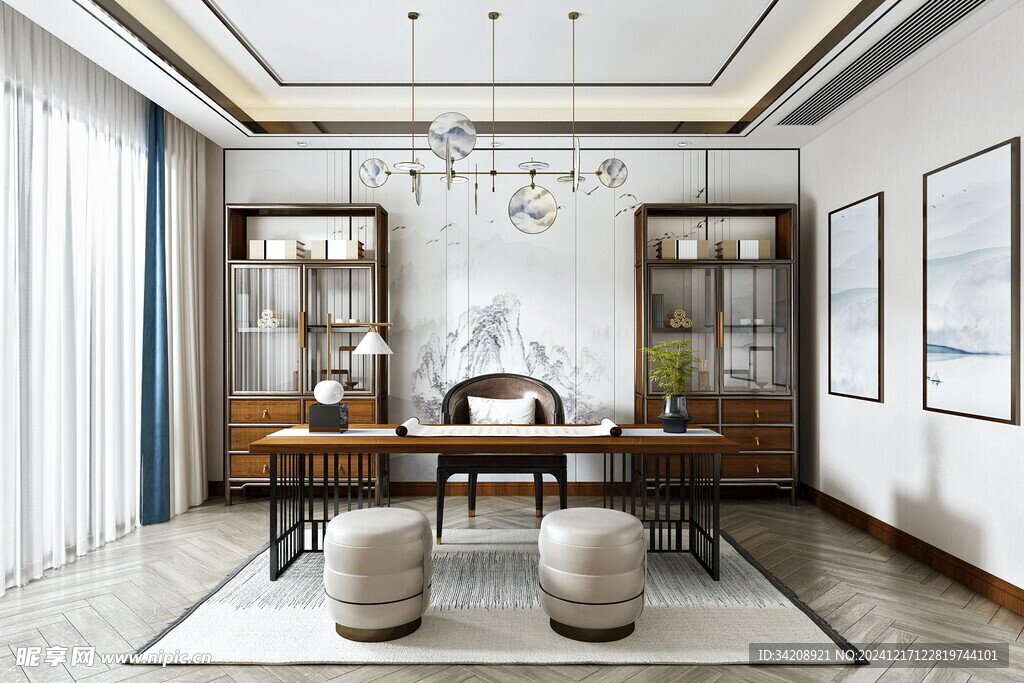 现代简约高级感新中式复古风书房