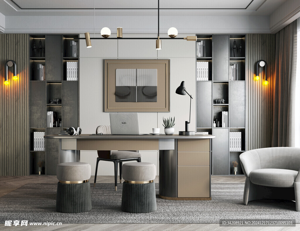 现代简约高级感多功能新中式书房