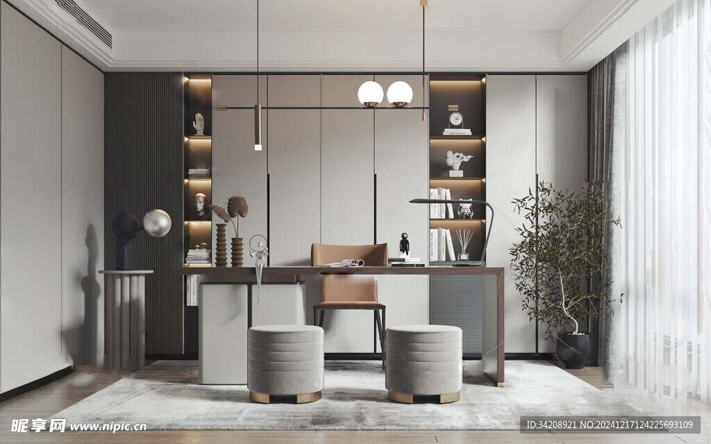 现代简约高级感多功能新中式书房