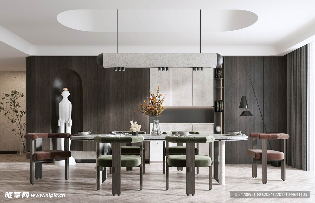 现代简约极简风格餐厅圆桌餐边柜