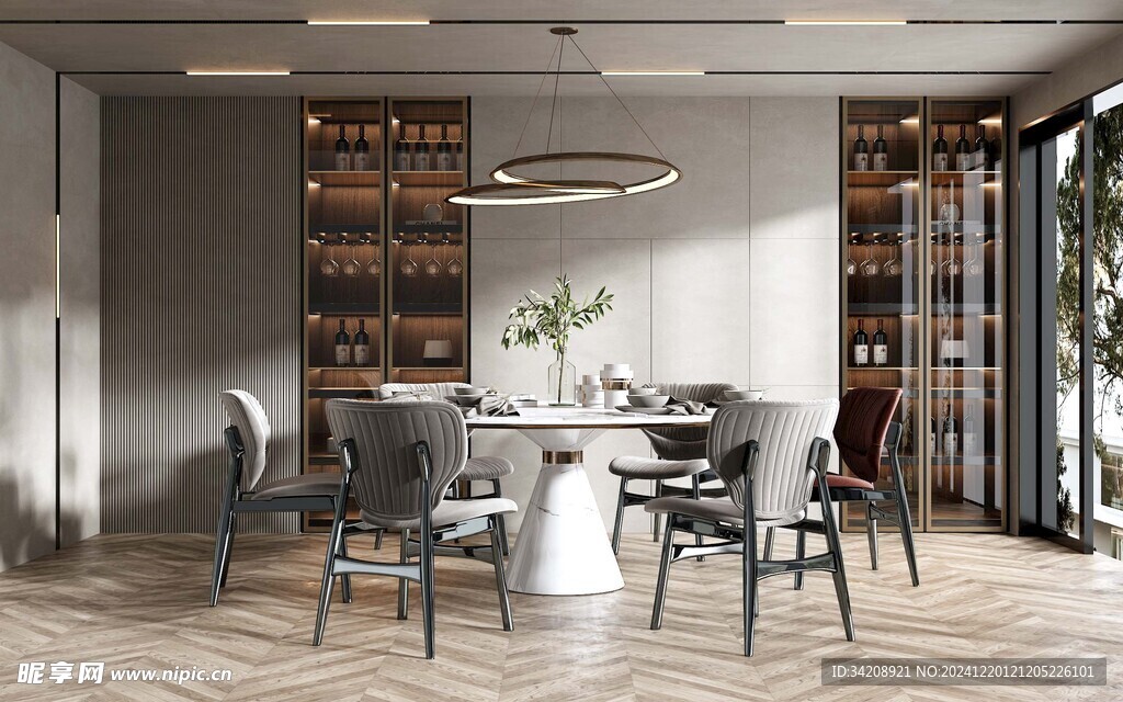 现代简约极简风格餐厅圆桌餐边柜