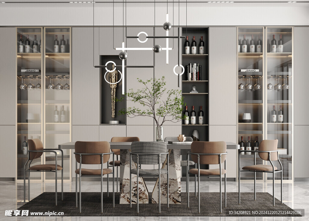 现代简约极简风格餐厅圆桌餐边柜