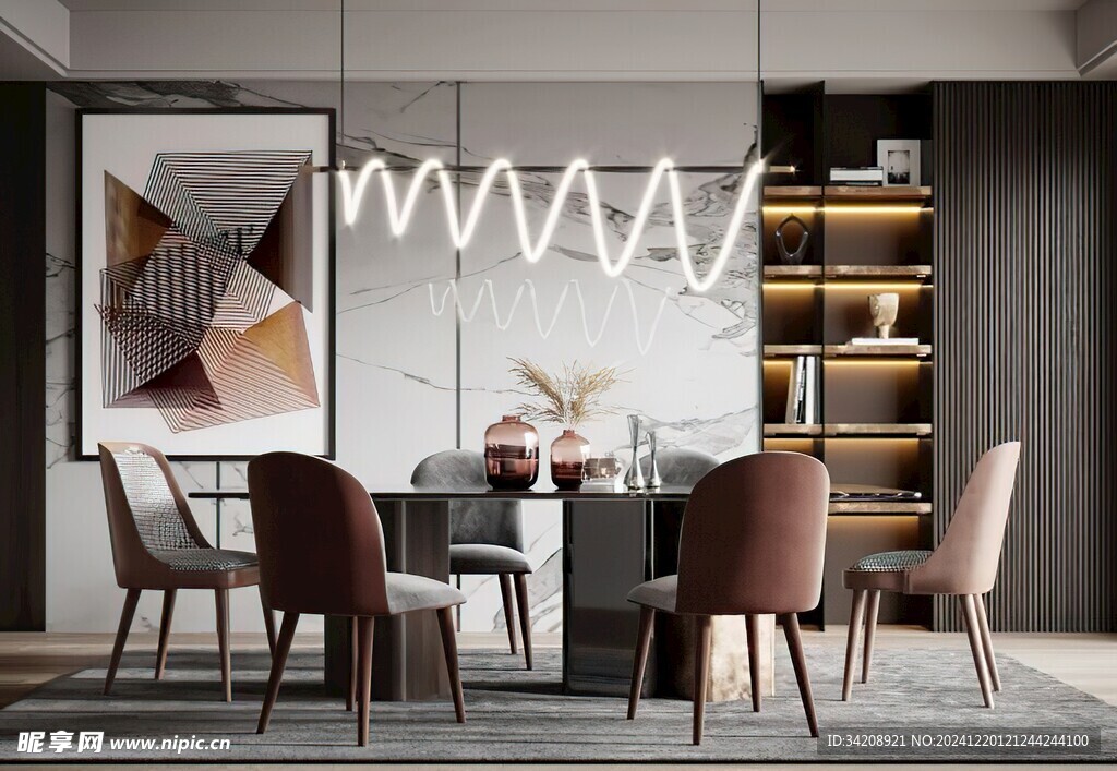 现代简约极简风格餐厅圆桌餐边柜