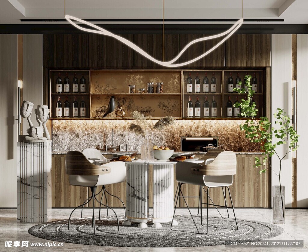 现代简约极简风格餐厅圆桌餐边柜