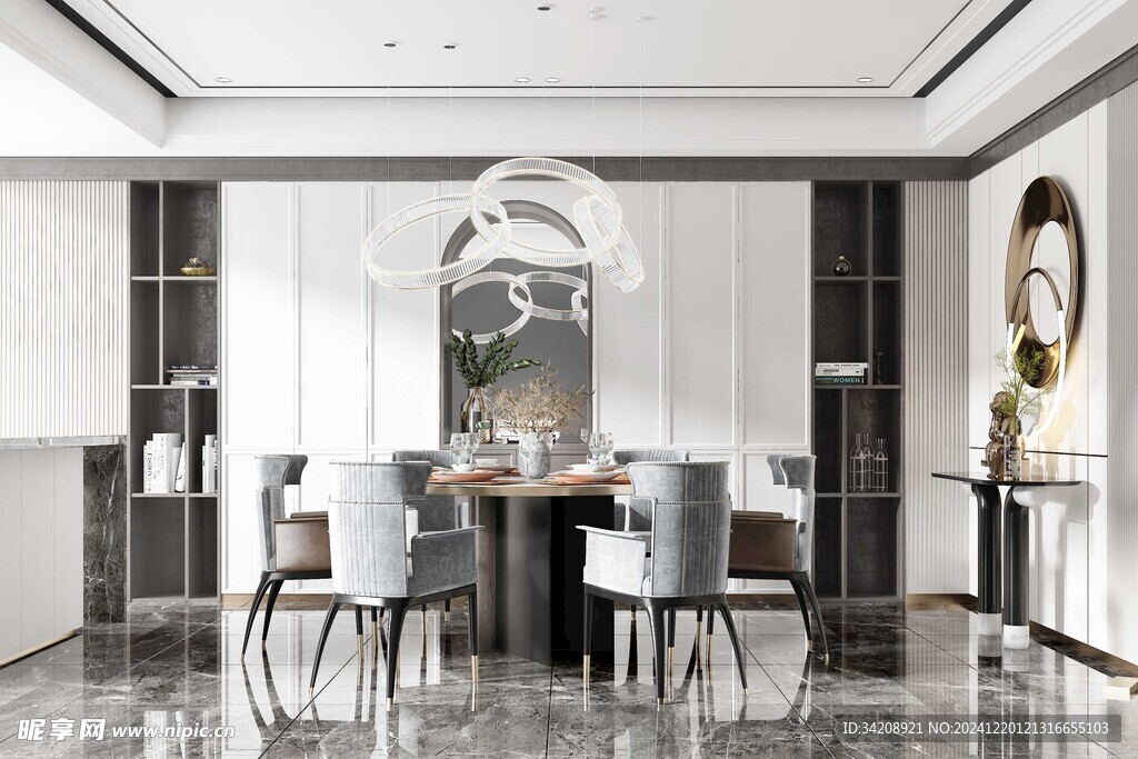 现代简约极简风格餐厅圆桌餐边柜