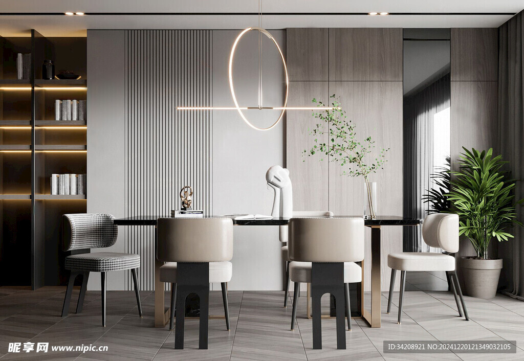 现代简约极简风格餐厅圆桌餐边柜