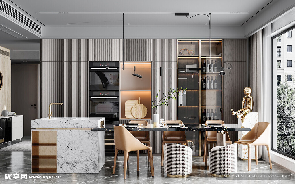 现代简约极简风格餐厅圆桌餐边柜