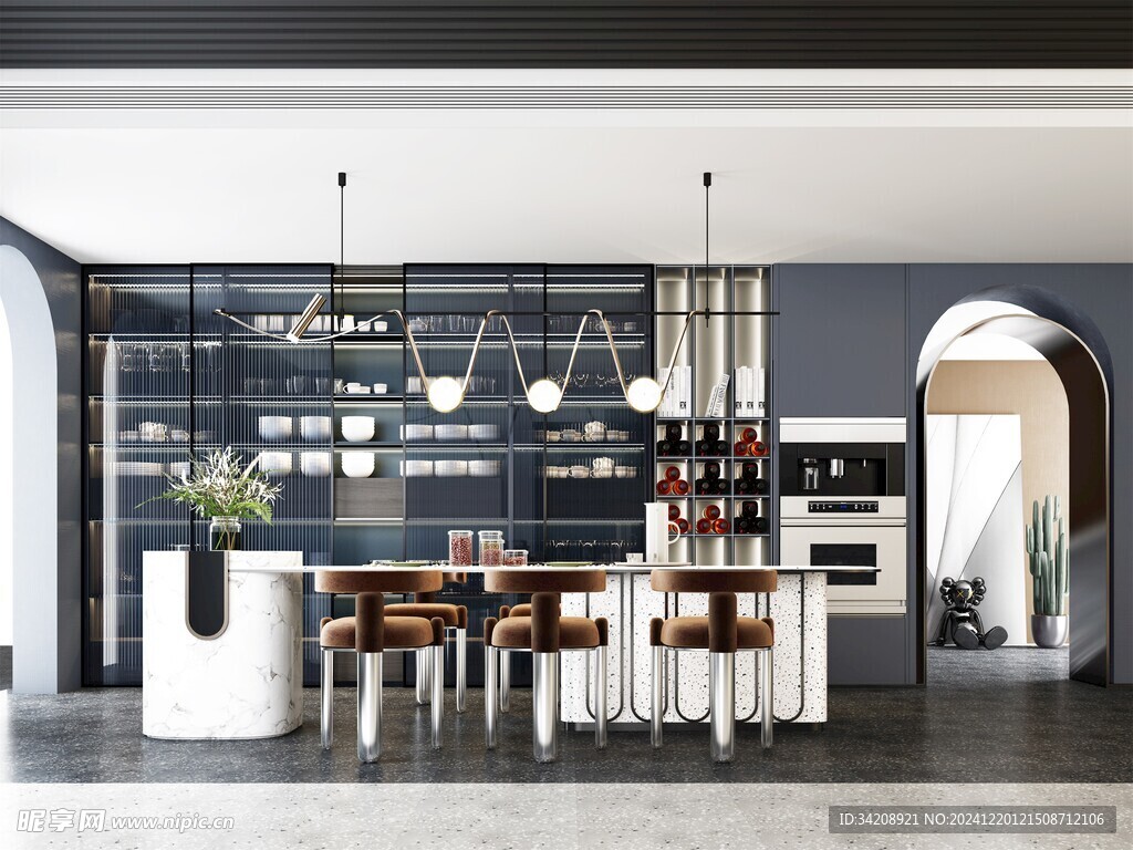 现代简约极简风格餐厅圆桌餐边柜