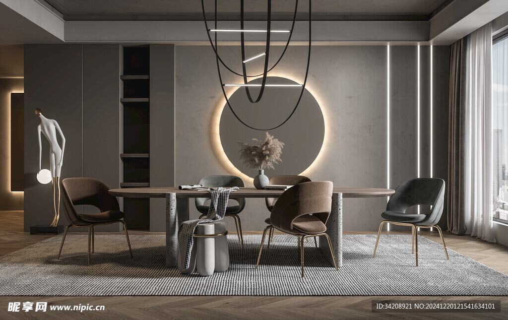 现代简约极简风格餐厅圆桌餐边柜